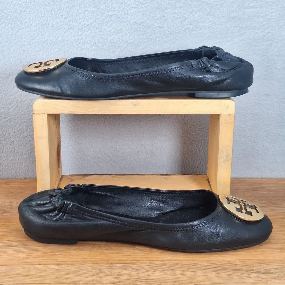 Tory Burch Minnie Travel Women's 8.5 Ballet Flats Black Leather Gold Logo Shoes